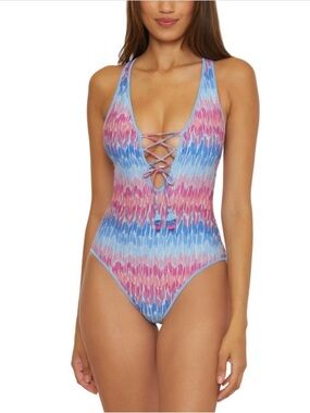 BECCA Pink and Blue Lace-Up One-Piece Swimsuit